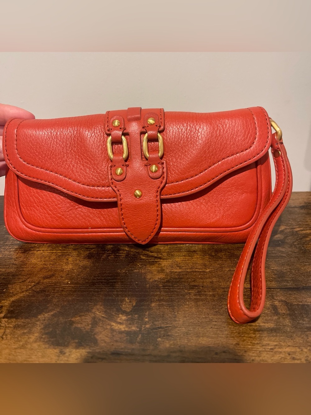 Cole Haan Red Orange Pebbled Leather Wristlet Zip Clutch Wallet Gold Organizer